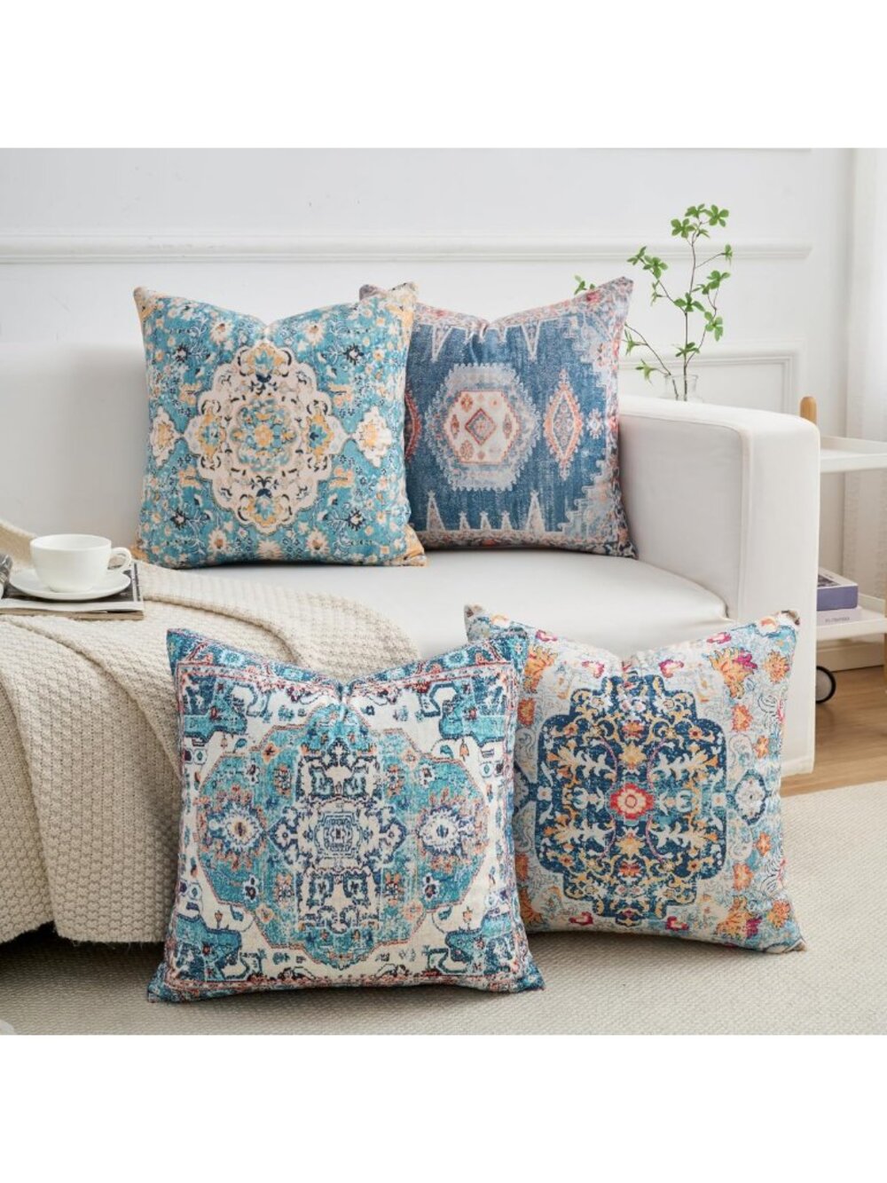 Set of 4 Vintage Blue Floral Throw Pillow Covers 18x18, Boho Medallion Cushion